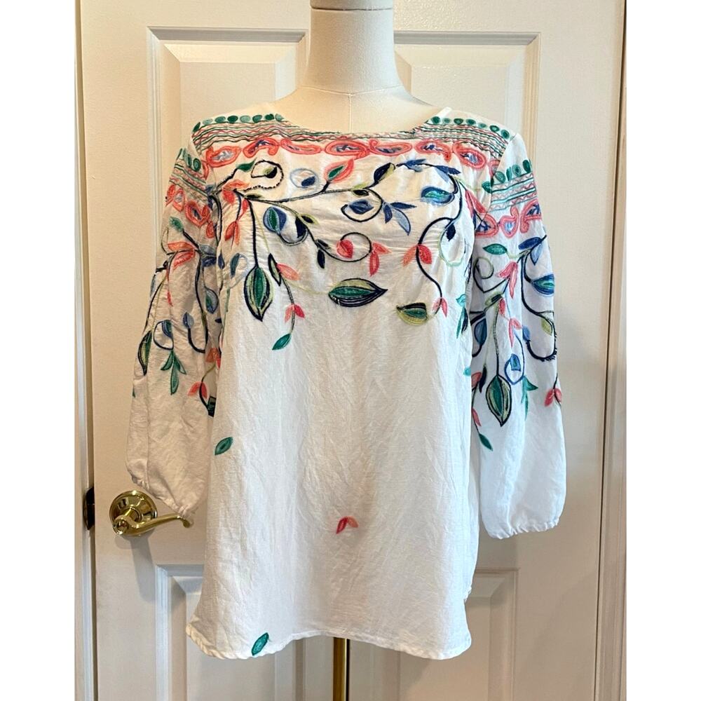 Anthropologie Kindred Embroidered Woven Peasant Blouse Boho Top Size L
